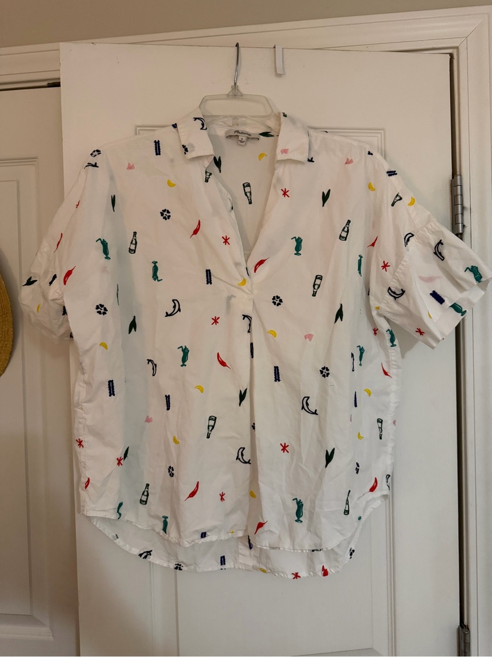 Madewell white cotton tunic shirt with multicolored vacation icons, size S